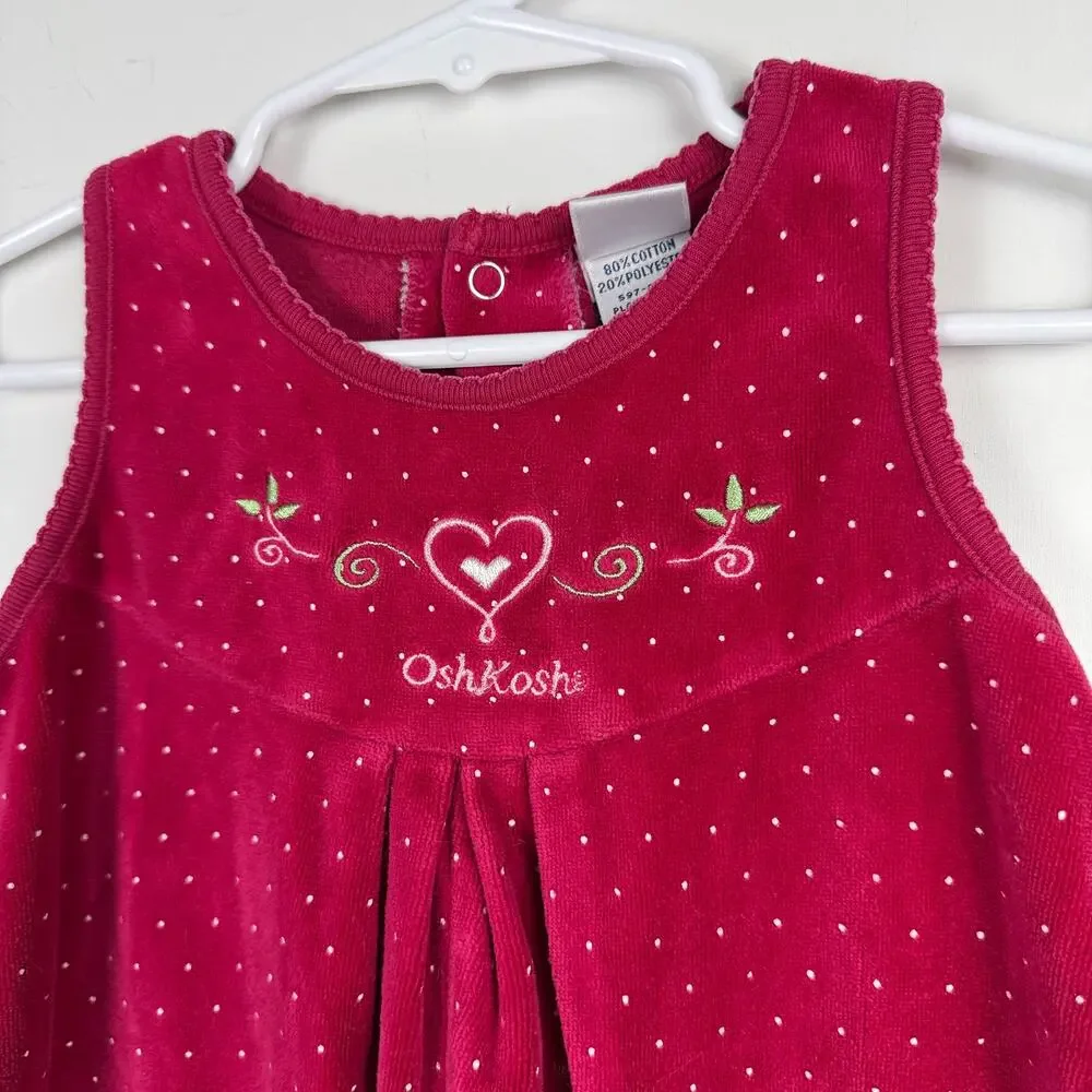Vtg 90s OshKosh B'Gosh Velvet Jumpsuit Polka Dot Heart Pink - 6-9 Months